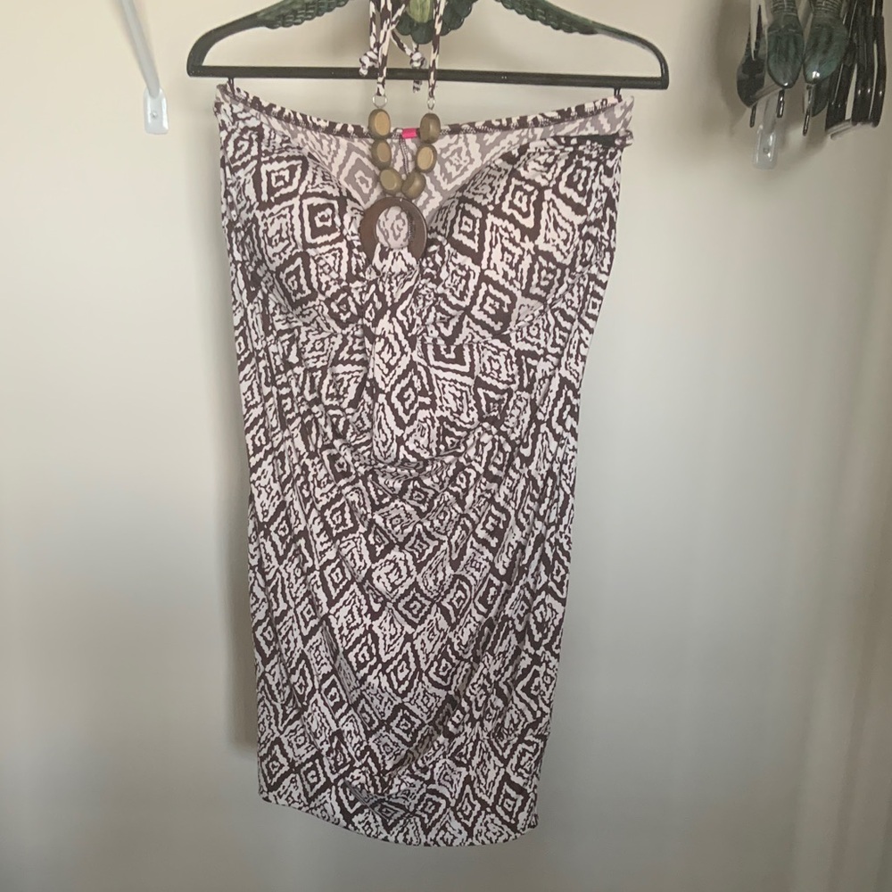 Heart Soul Strapless Printed Midi Dress in Brown and White